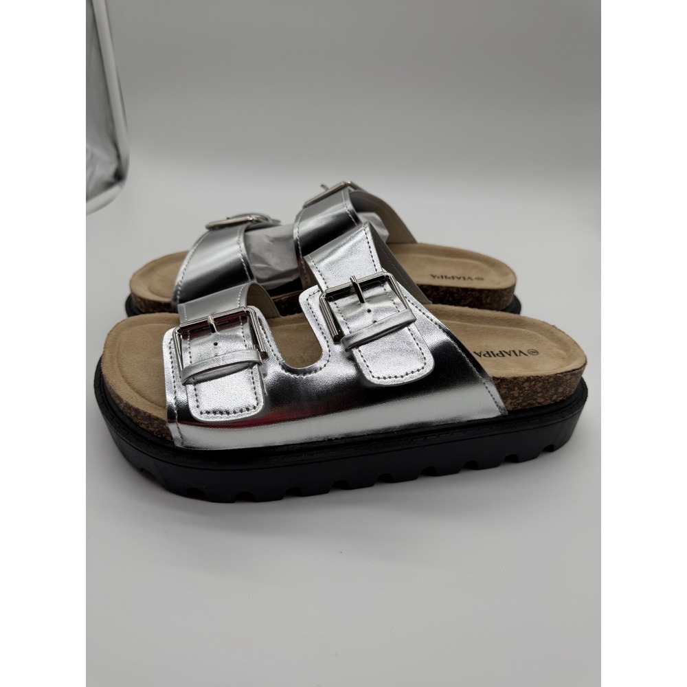 Viapipa Womens Silver Metallic Double Buckle Chunky Platform Slide Sandals 9
